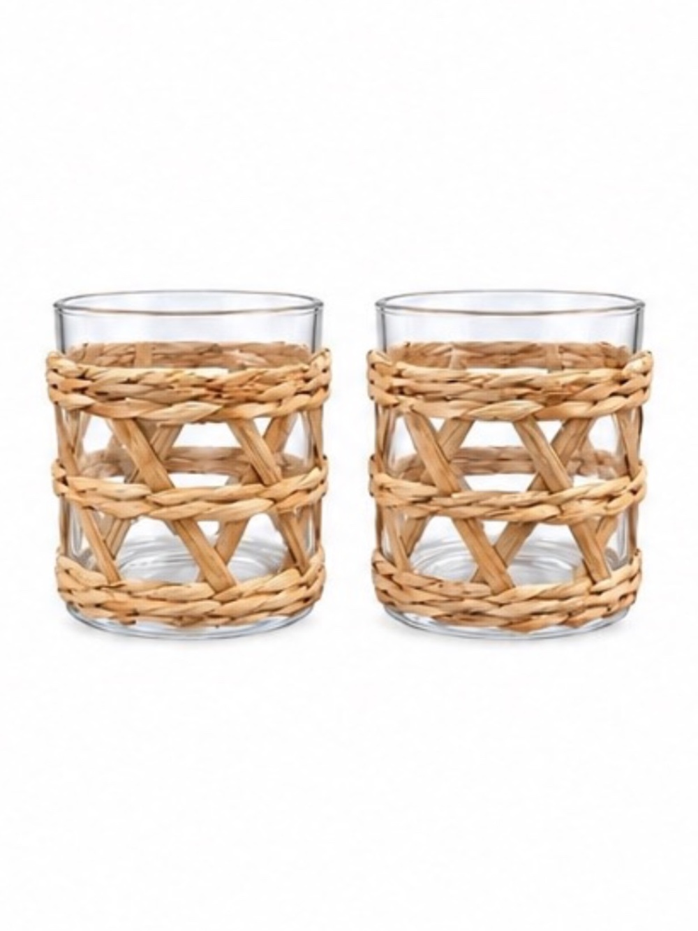 Glass Hurricane Candle Holder with Woven Cane Wrap |Set of 2|